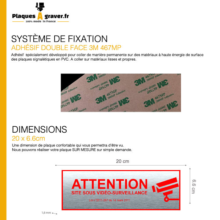 Plaque Vidéo Surveillance Adhésive Effet Acier et Rouge 200x66mm