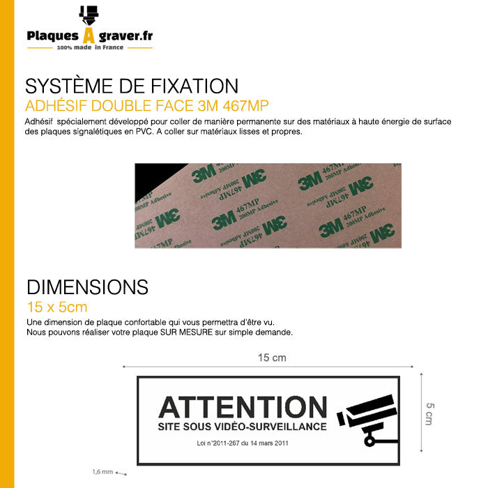 Plaque Vidéo Surveillance Adhésive Blanc Noir 150x50mm