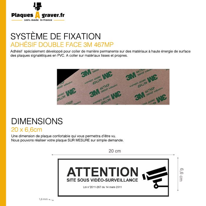 Plaque Vidéo Surveillance Adhésive Blanc Noir 200x66mm
