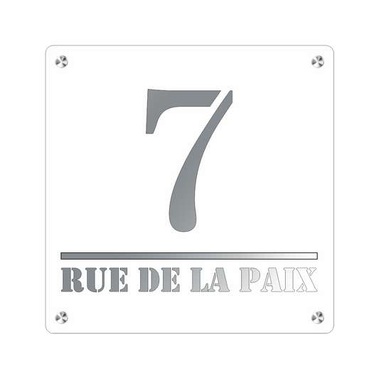Plaque Numéro de Maison et Nom de Rue Premium S1 – Blanc sur Fond Acier