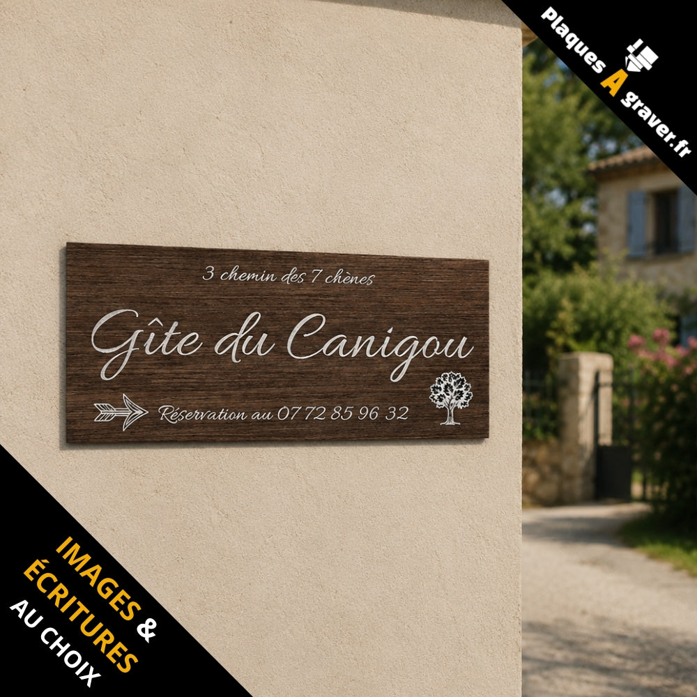 Plaque gravée personnalisée sur mesure pour maison ou gîte avec nom, adresse et téléphone