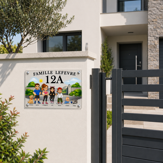 Plaque de maison famille personnalisée en couleur fixée sur un mur de clôture moderne près du portail