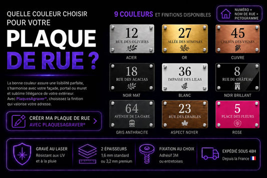 Plaque de rue personnalisée avec numéro de maison, disponible en 9 couleurs, gravée au laser en France et expédiée sous 48h