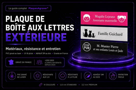 Plaque de boîte aux lettres extérieure personnalisée PlaquesAgraver®, en PVC gravé au laser, adhésive 3M et résistante aux intempéries
