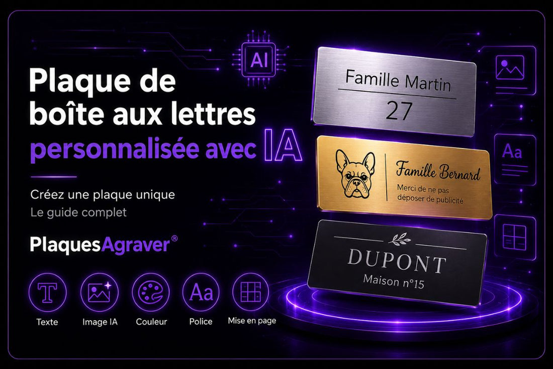 Plaque de boîte aux lettres personnalisée avec IA PlaquesAgraver®, avec texte, image, couleur, police et mise en page sur mesure
