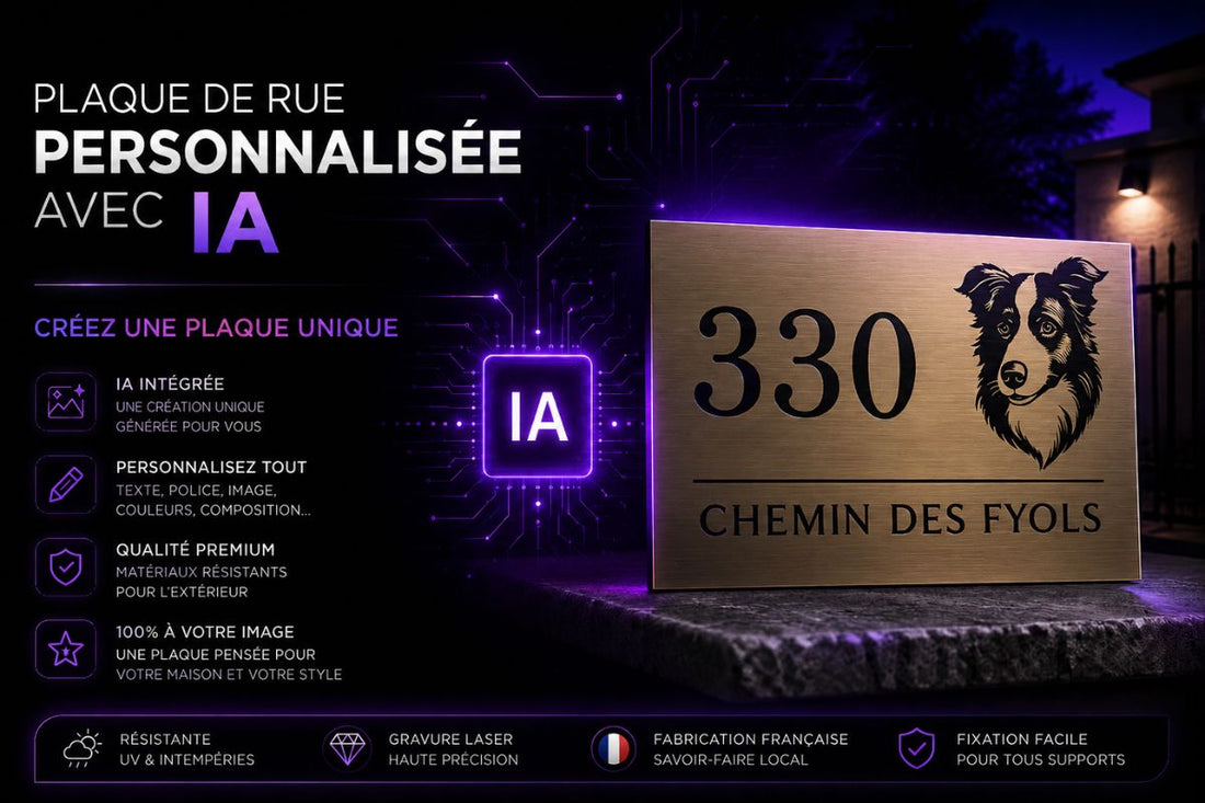 Plaque de rue personnalisée avec IA, gravée au laser, résistante aux intempéries et fabriquée en France par PlaquesAgraver®