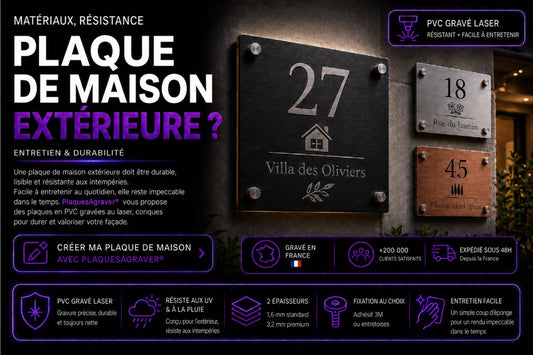 Plaque de maison extérieure personnalisée en PVC gravé laser, durable, facile à entretenir et gravée en France par PlaquesAgraver®