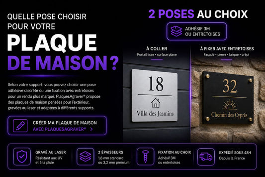 Plaque de maison personnalisée à coller ou à fixer avec entretoises, gravée au laser par PlaquesAgraver® et expédiée sous 48h