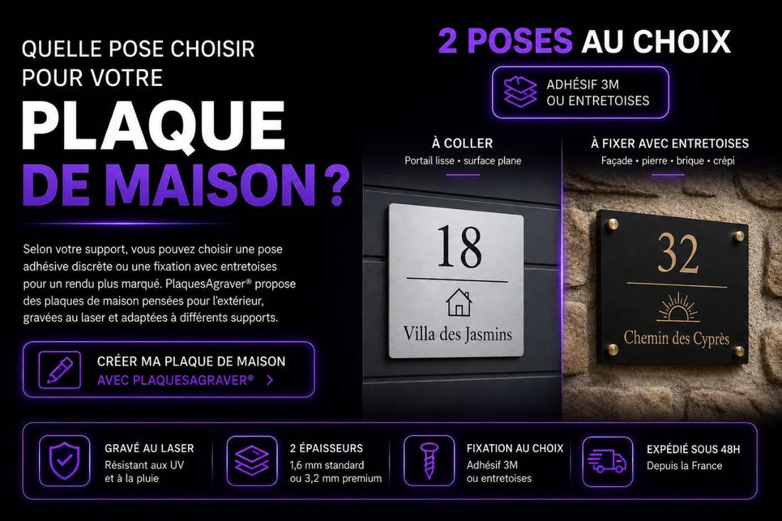 Plaque de maison personnalisée à coller ou à fixer avec entretoises, gravée au laser par PlaquesAgraver® et expédiée sous 48h