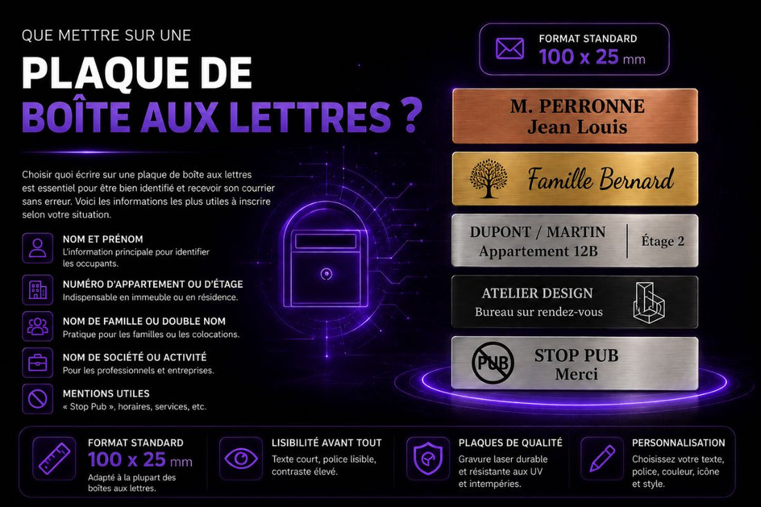 Exemples de textes pour plaque de boîte aux lettres personnalisée : nom, prénom, appartement, société, stop pub ou mention utile