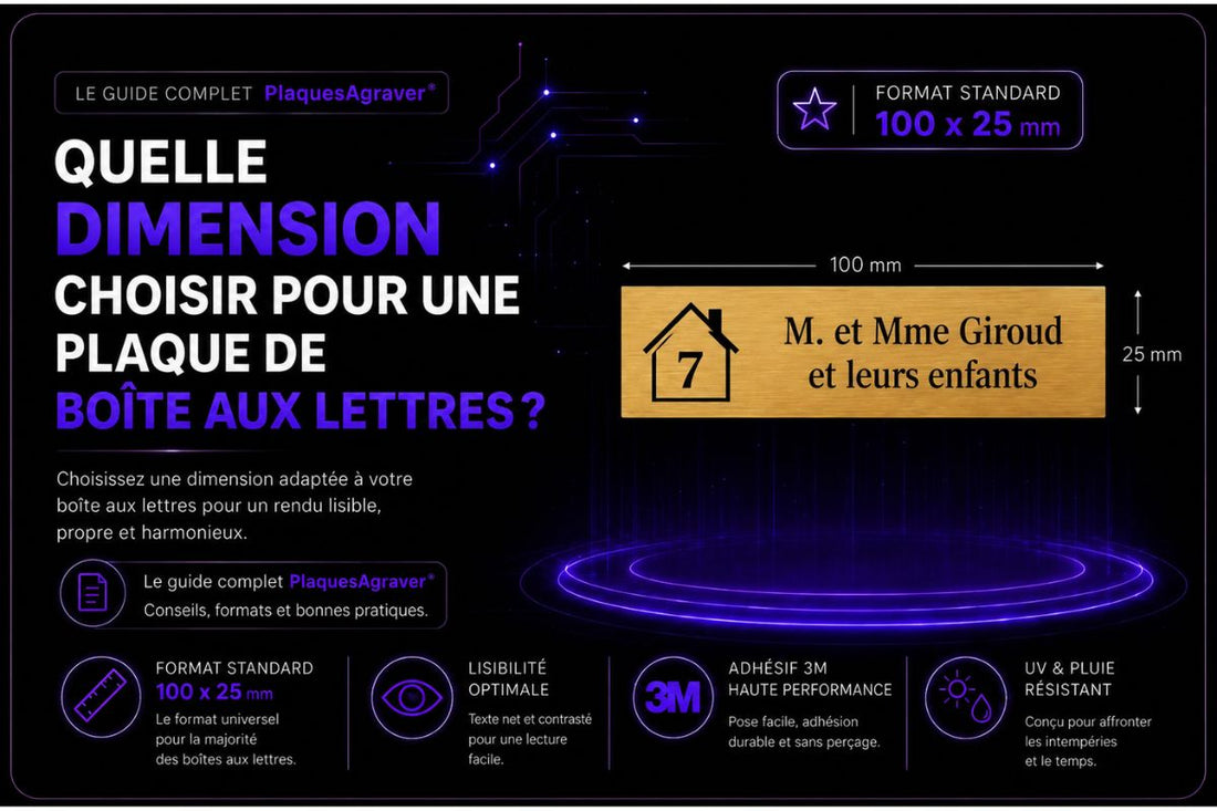 Guide complet pour choisir la dimension d’une plaque de boîte aux lettres personnalisée, format standard 100 x 25 mm, lisible et adhésive