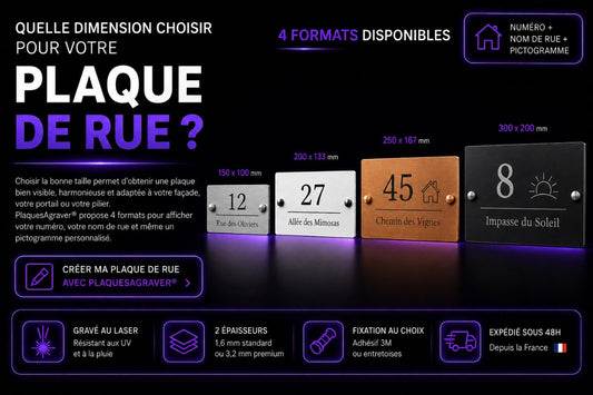 Quelle dimension choisir pour une plaque de rue personnalisée, gravée au laser, avec numéro, nom de rue et fixation au choix