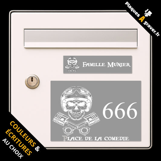 Coffret Tête de mort avec plaque de boîte aux lettres personnalisée et plaque numéro de maison assortie au style rock biker
