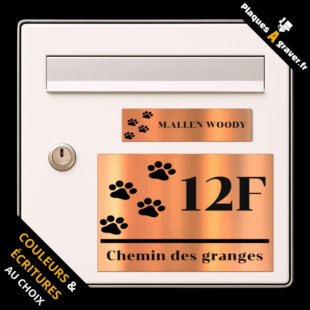 Coffret Woody avec plaque de boîte aux lettres personnalisée et plaque numéro de maison assortie avec empreinte de chien