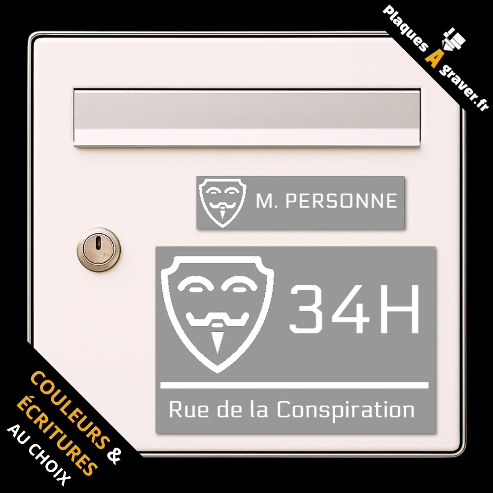 Coffret Anonymous avec plaque de boîte aux lettres personnalisée et plaque numéro de maison assortie motif masque