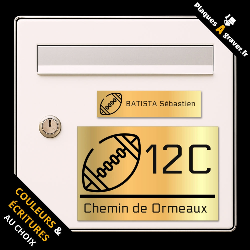 Coffret Ballon Rugby avec plaque de boîte aux lettres personnalisée et plaque numéro de maison assortie motif rugby