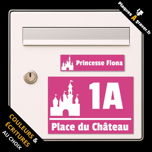 Coffret Château Princesse avec plaque de boîte aux lettres personnalisée et plaque numéro de maison assortie motif château