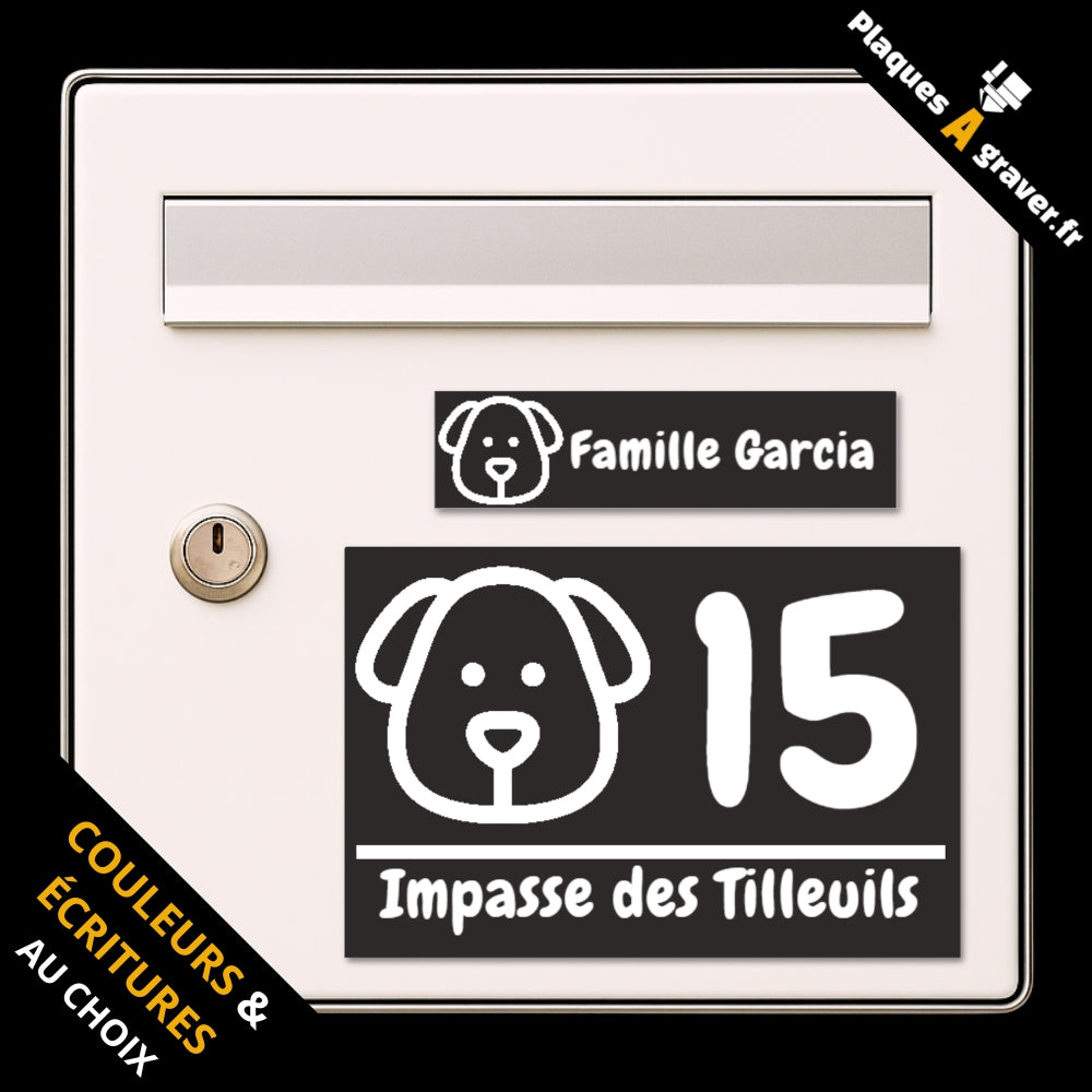 Coffret Chien Doggy avec plaque de boîte aux lettres personnalisée et plaque numéro de maison assortie motif chien