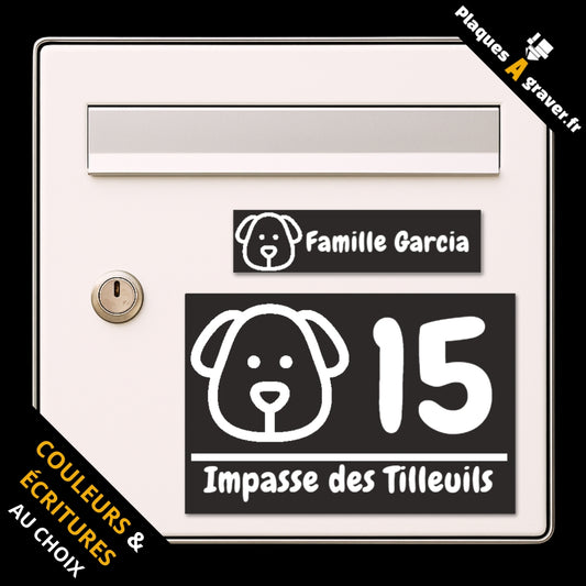Coffret Chien Doggy avec plaque de boîte aux lettres personnalisée et plaque numéro de maison assortie motif chien
