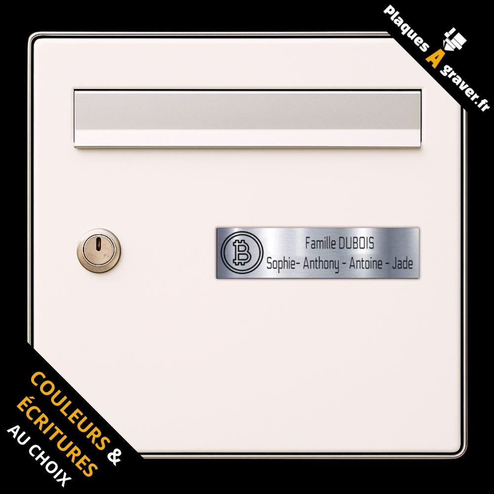 Plaque de boîte aux lettres personnalisée adhésive avec logo Bitcoin, couleur argent et gravure sur mesure