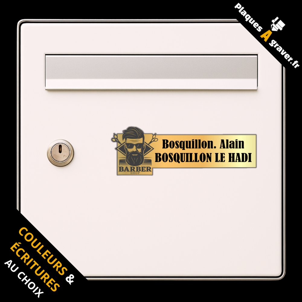 Plaque de boîte aux lettres personnalisée avec logo tête d’homme et inscription BARBER – gravure au laser Plaques à Graver