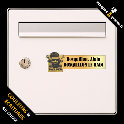 Plaque de boîte aux lettres personnalisée avec logo tête d’homme et inscription BARBER – gravure au laser Plaques à Graver