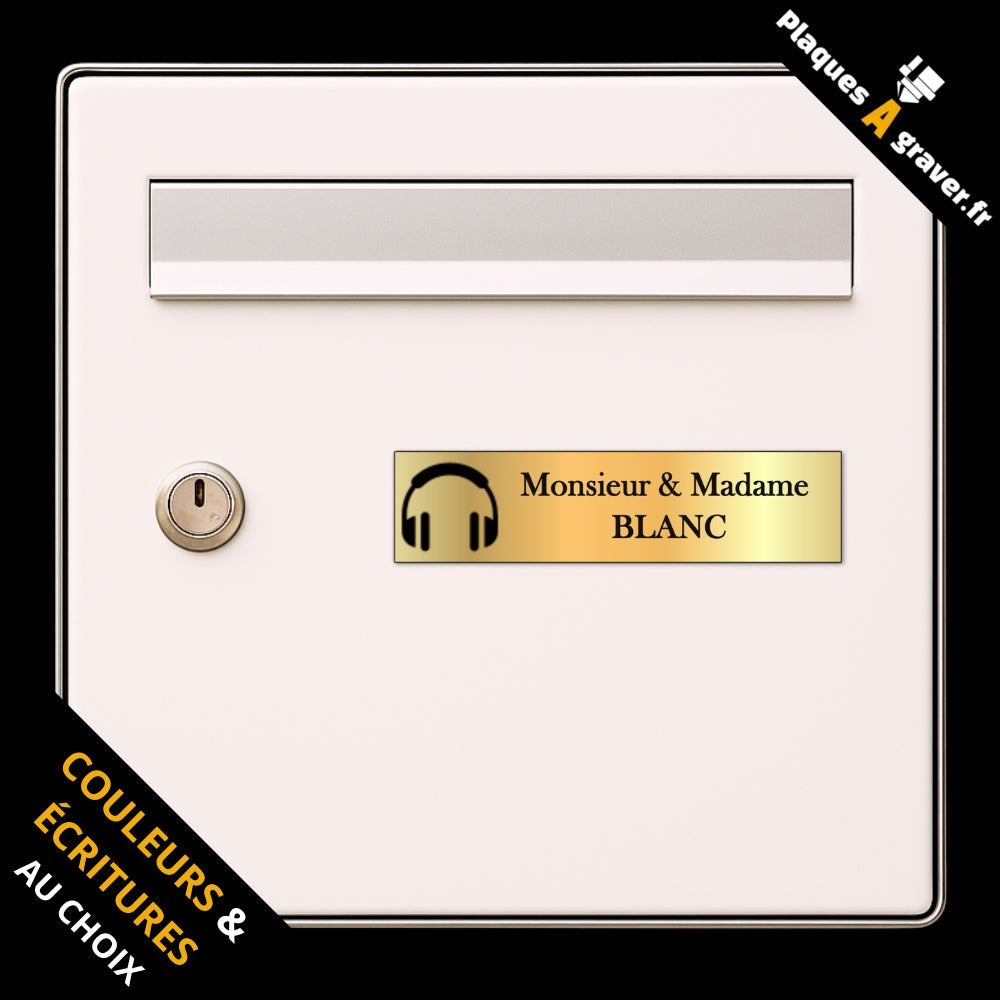 Plaque de boîte aux lettres personnalisée avec motif casque de musique gravée en France