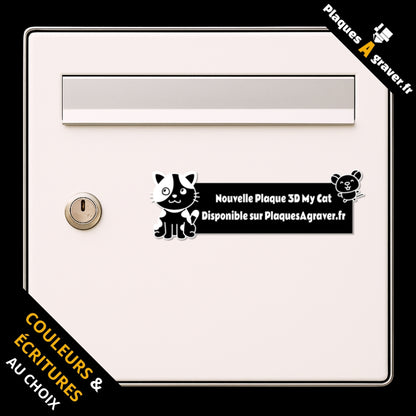 Plaque de boîte aux lettres personnalisée chat et souris 3D gravée en France, facile à poser avec son adhésif 3M à l'arrière.