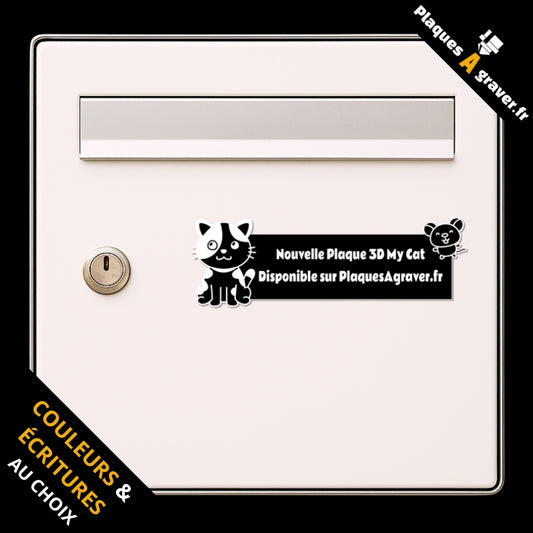 Plaque de boîte aux lettres personnalisée chat et souris 3D gravée en France, facile à poser avec son adhésif 3M à l'arrière.