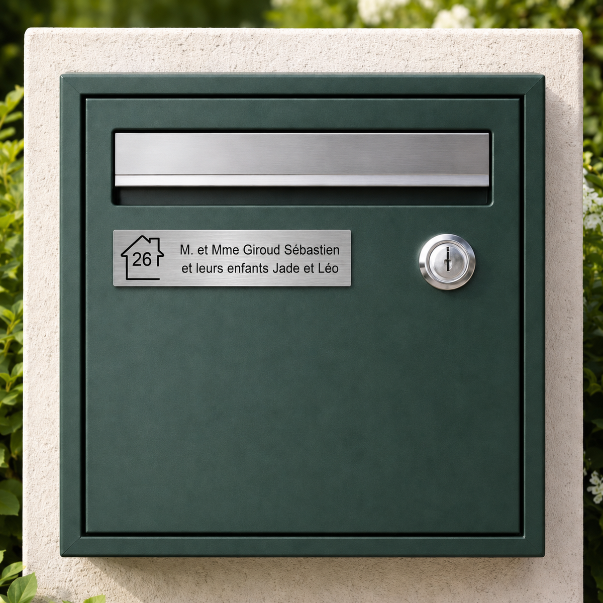 Plaque de boîte aux lettres personnalisée avec numéro de maison et nom de famille, posée sur une boîte aux lettres verte