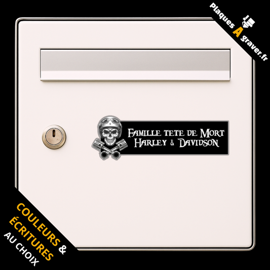 Plaque de boîte aux lettres personnalisée adhésive avec motif tête de mort biker 3D gravée en France
