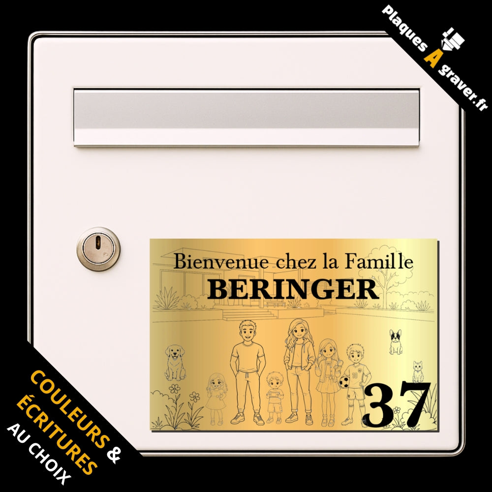 Plaque boîte aux lettres famille personnalisée avec personnages, animaux de compagnie et numéro de maison gravé