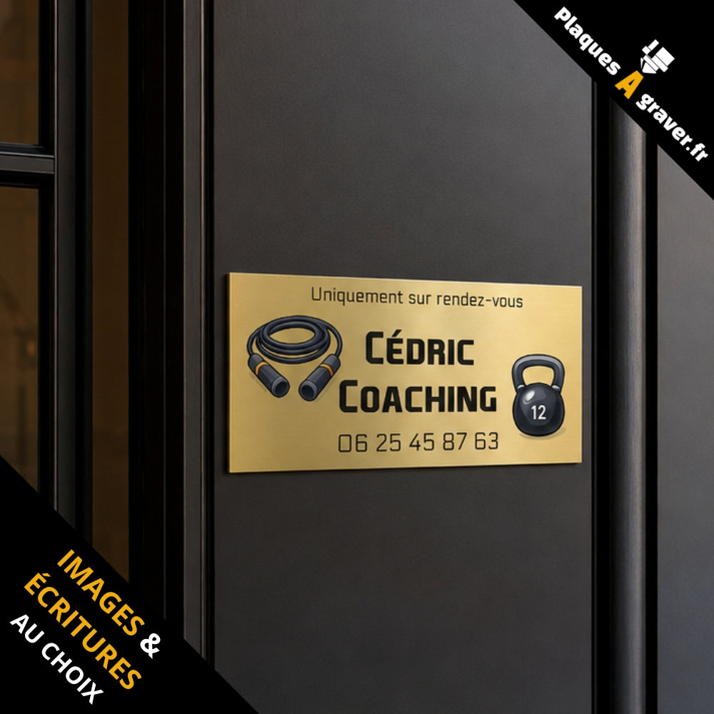 Plaque de porte personnalisée couleur pour coach sportif avec texte et motifs