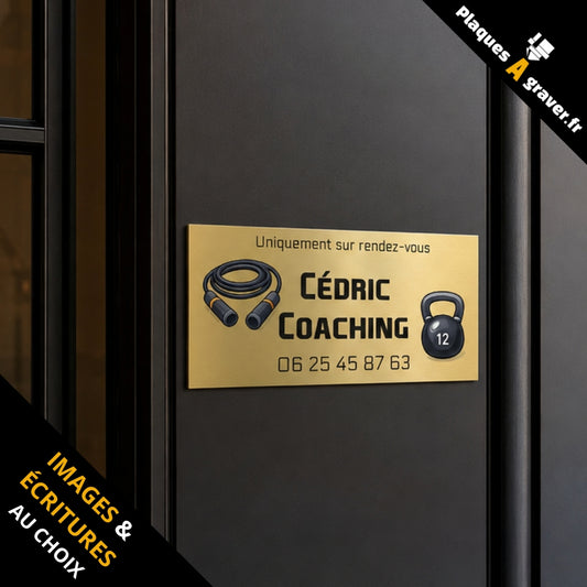 Plaque de porte personnalisée couleur pour coach sportif avec texte et motifs