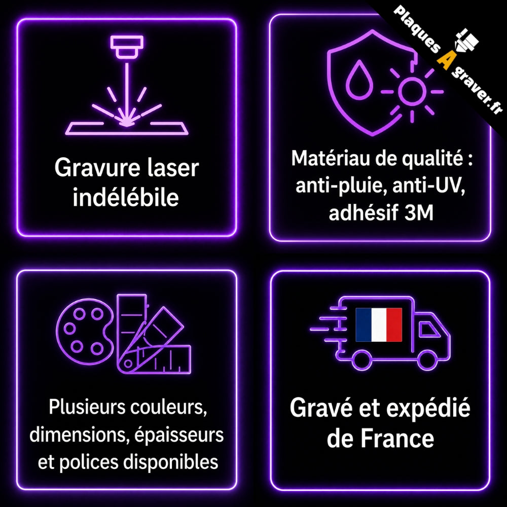 Avantages de la plaque famille personnalisée gravée : fabrication française, adhésif préappliqué et résistance extérieure