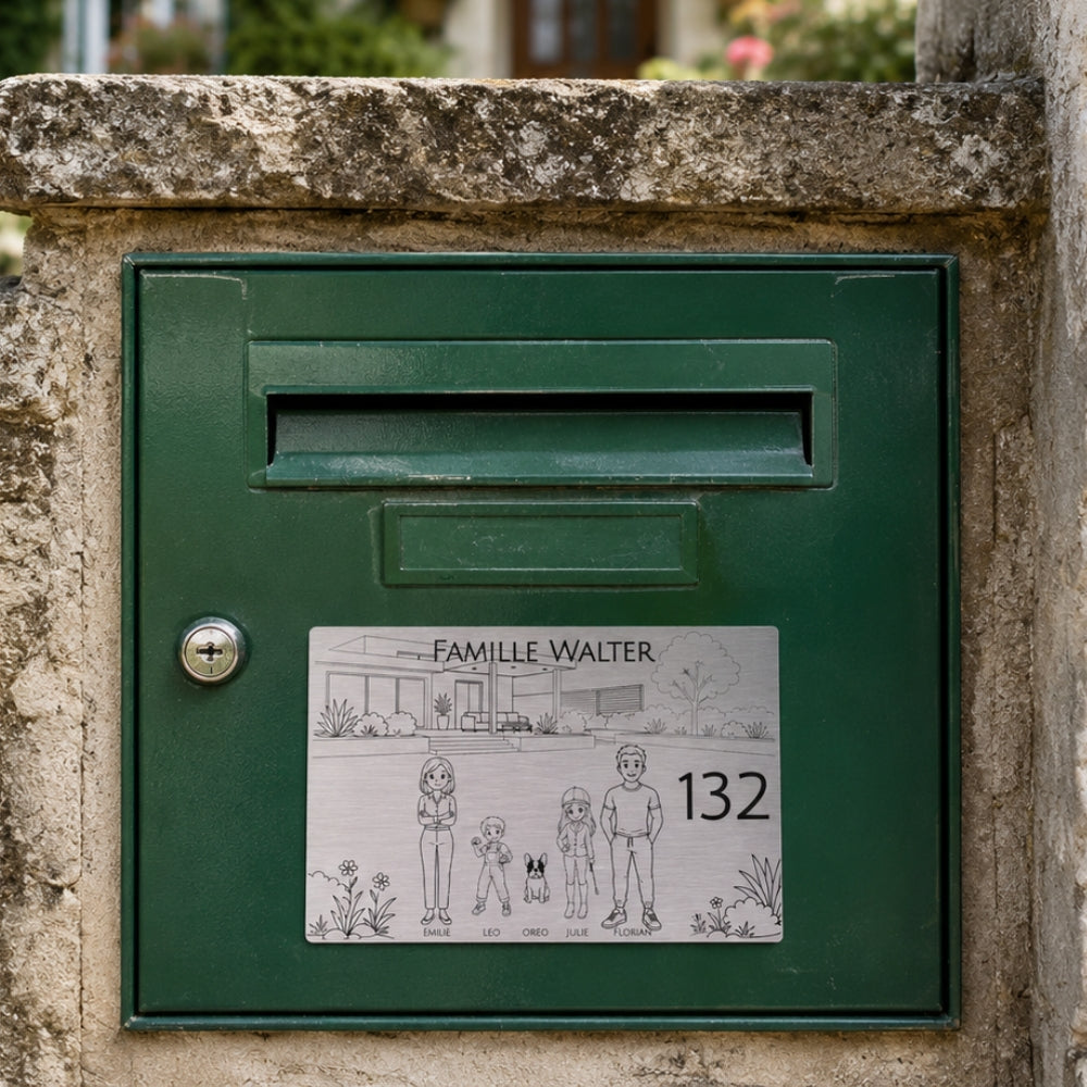 Plaque famille HD gravée avec décor, personnages, chien et numéro de maison sur une boîte aux lettres verte