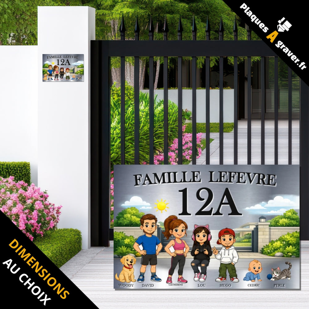 Plaque famille personnalisée HD couleur pour boîte aux lettres ou façade avec numéro, prénoms, personnages et animaux