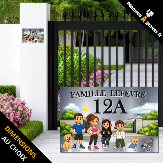Plaque famille personnalisée HD couleur pour boîte aux lettres ou façade avec numéro, prénoms, personnages et animaux