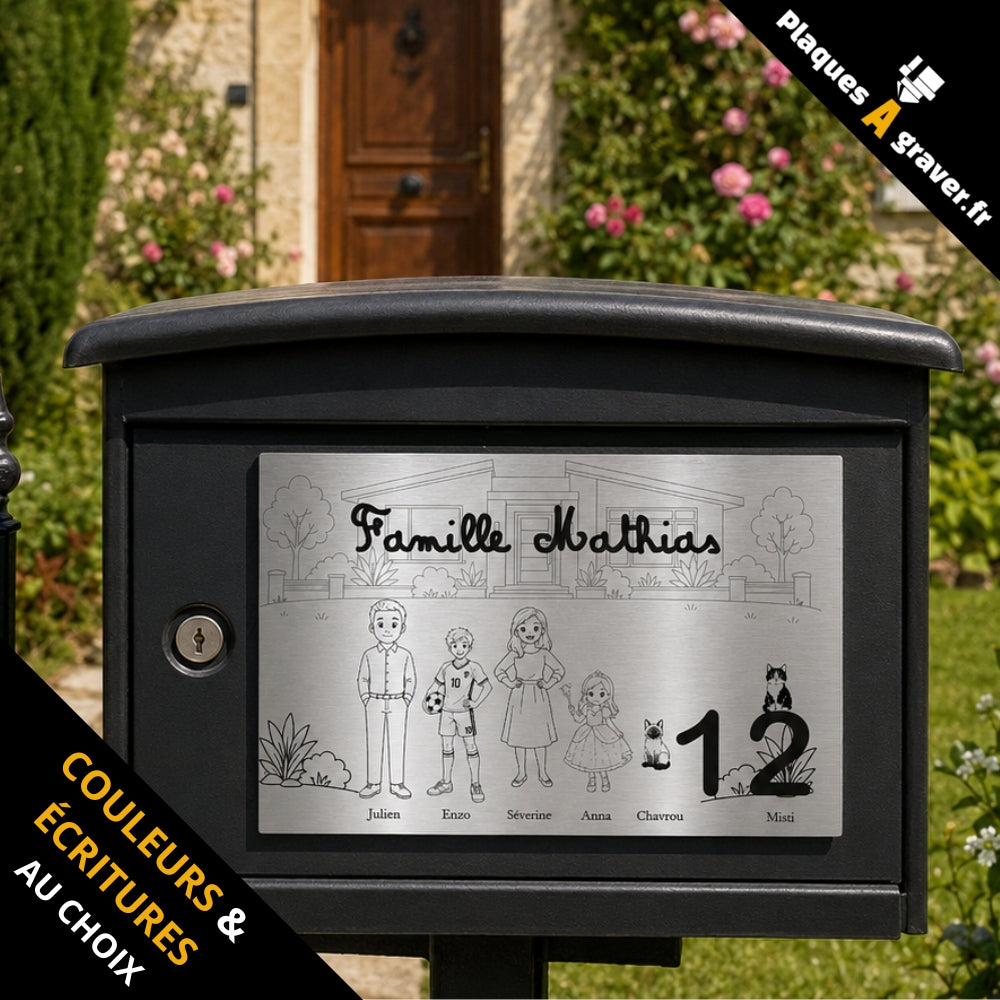 Plaque famille personnalisée HD gravée finition acier avec décor, parents, enfants, chats sur une boîte aux lettres noire