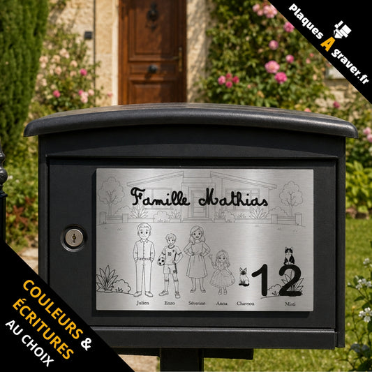 Plaque famille personnalisée HD gravée finition acier avec décor, parents, enfants, chats sur une boîte aux lettres noire