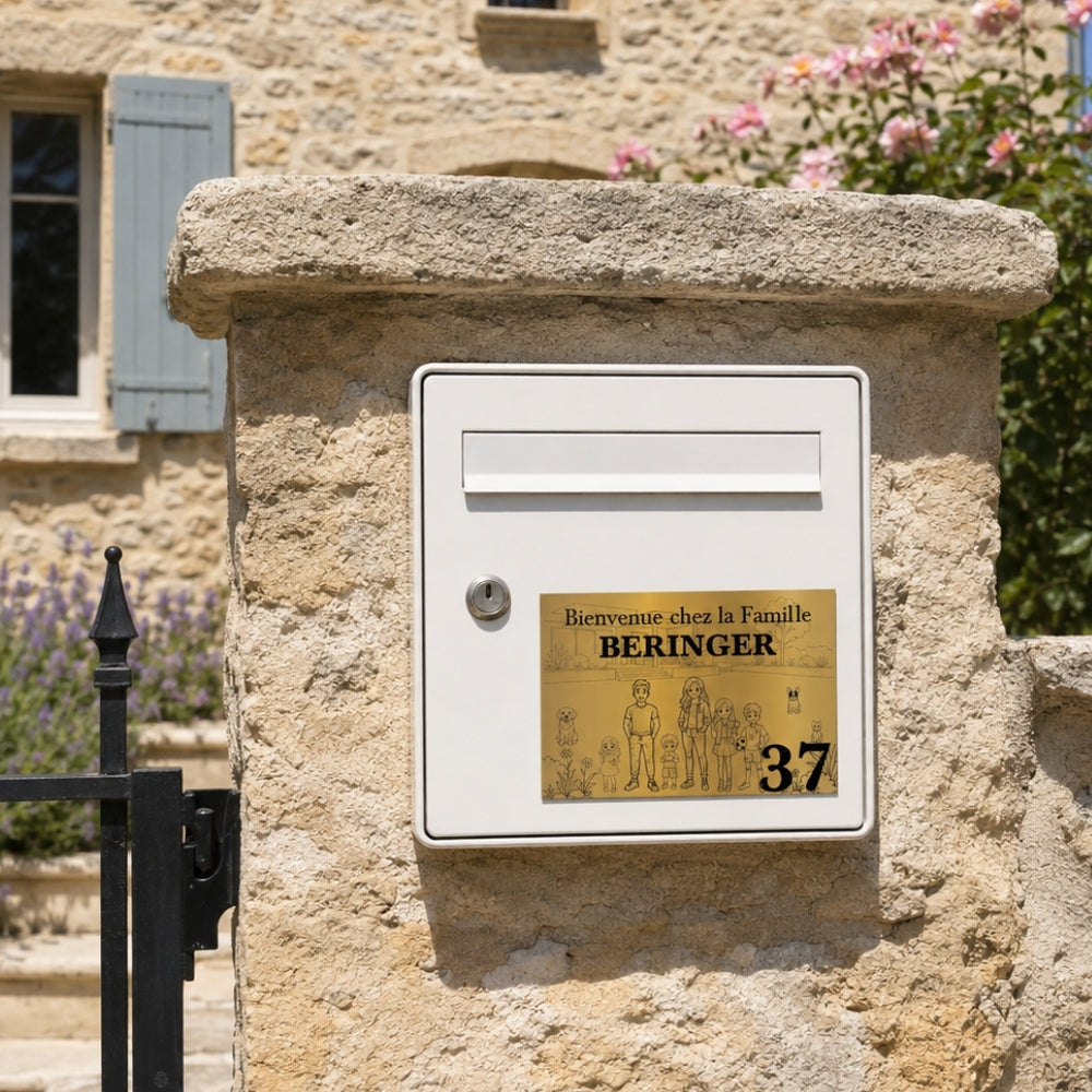 Plaque famille personnalisée HD gravée dorée avec personnages et décor sur une boîte aux lettres blanche