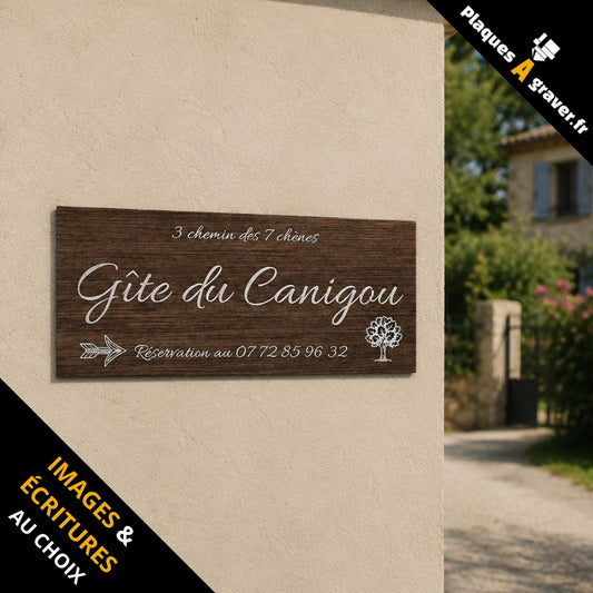 Plaque gravée personnalisée sur mesure pour maison ou gîte avec nom, adresse et téléphone