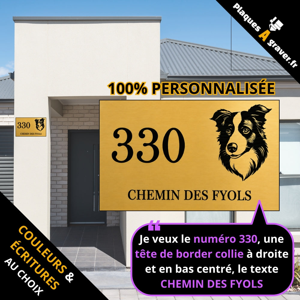 Plaque numéro de maison personnalisée avec IA, numéro 330, nom de rue et border collie gravés