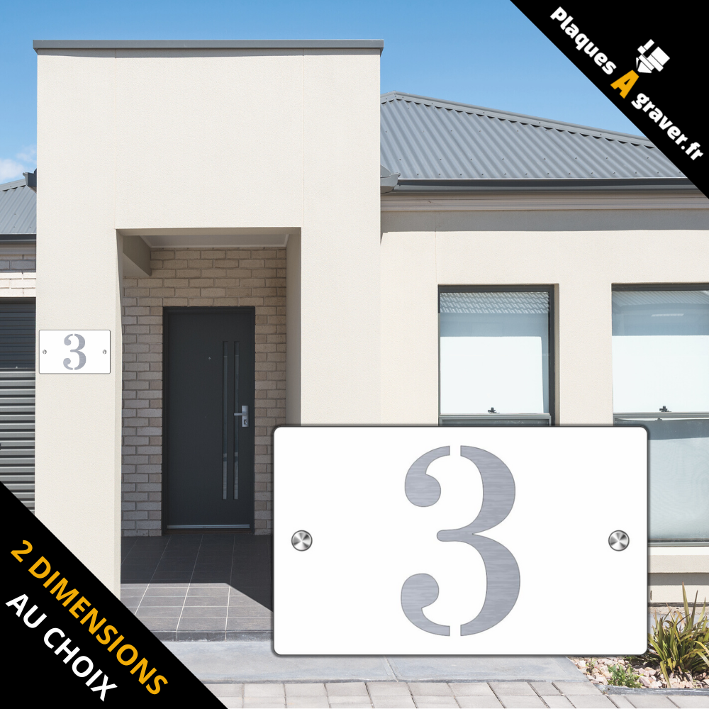 Plaque numéro de maison Premium S1 Mini blanc sur fond acier à fixer avec entretoises – découpe du numéro effet 3D – fabrication Plaques à Graver