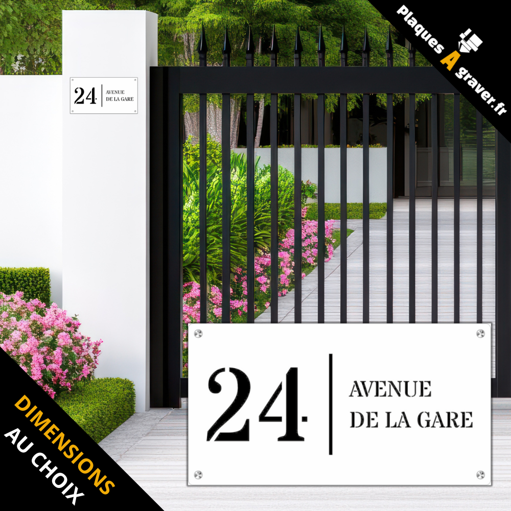 Plaque numéro de maison Premium S2 blanc sur fond noir à fixer avec entretoises – double plaque avec numéro et nom de rue – fabrication Plaques à Graver