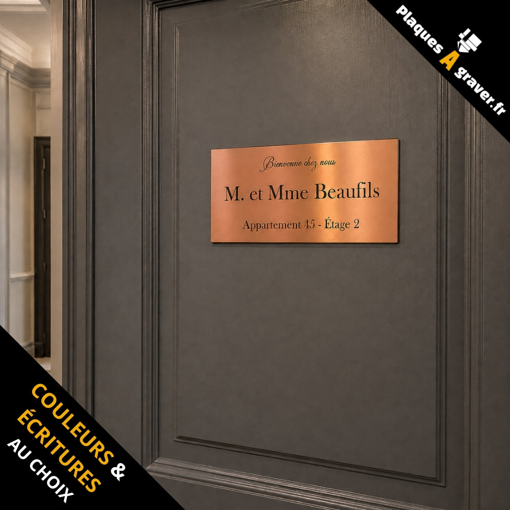 Plaque de porte personnalisée couleur cuivre avec nom et numéro d’appartement